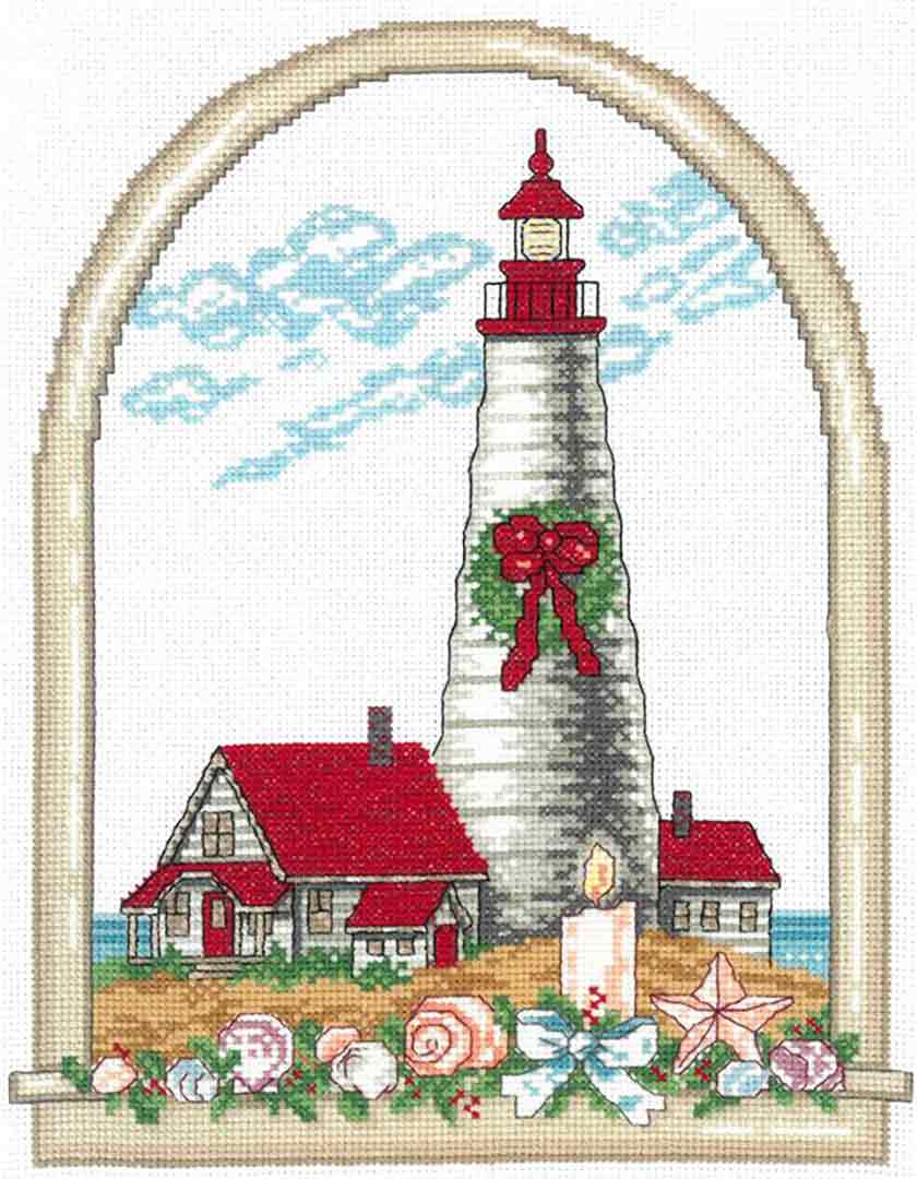 A stitched preview of the counted cross stitch pattern Holiday Lighthouse by Ursula Michael