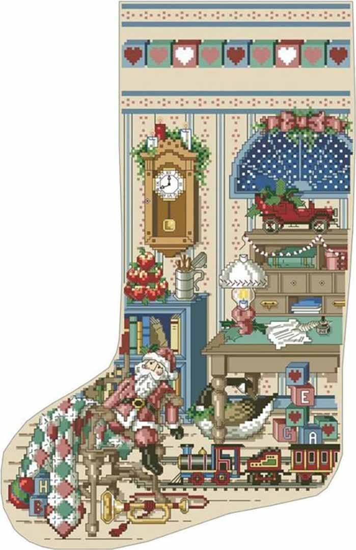 A stitched preview of the counted cross stitch pattern Holiday Study Heirloom Christmas Stocking by Kooler Design Studio