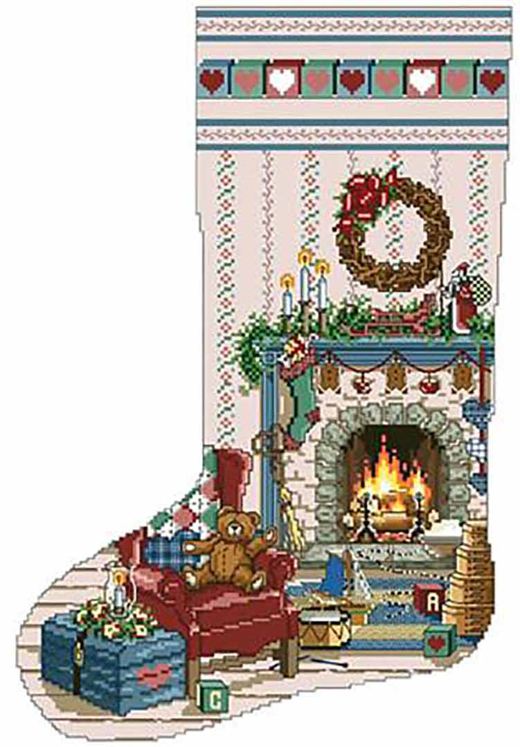 A stitched preview of the counted cross stitch pattern Home For Christmas Heirloom Stocking by Kooler Design Studio