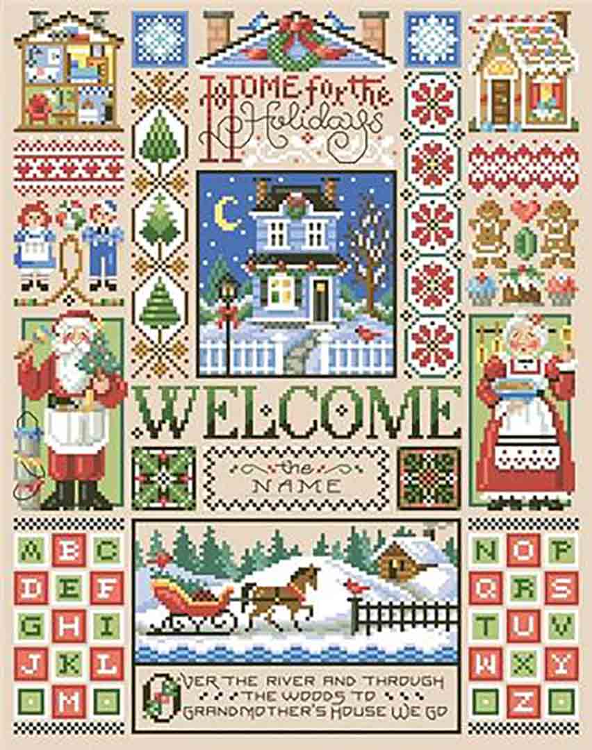 A stitched preview of the counted cross stitch pattern Home For The Holidays Sampler by Kooler Design Studio