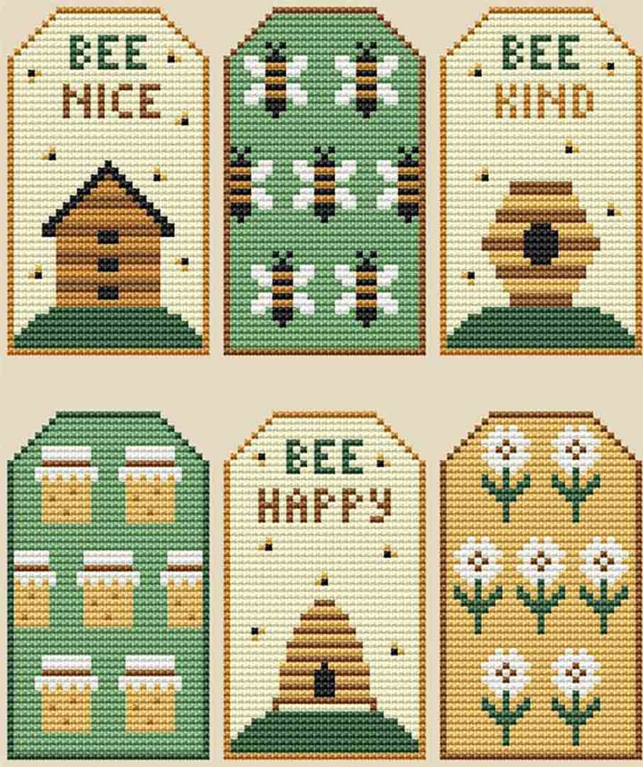 A stitched preview of the counted cross stitch pattern Honey Tags by Kate Spiridonova