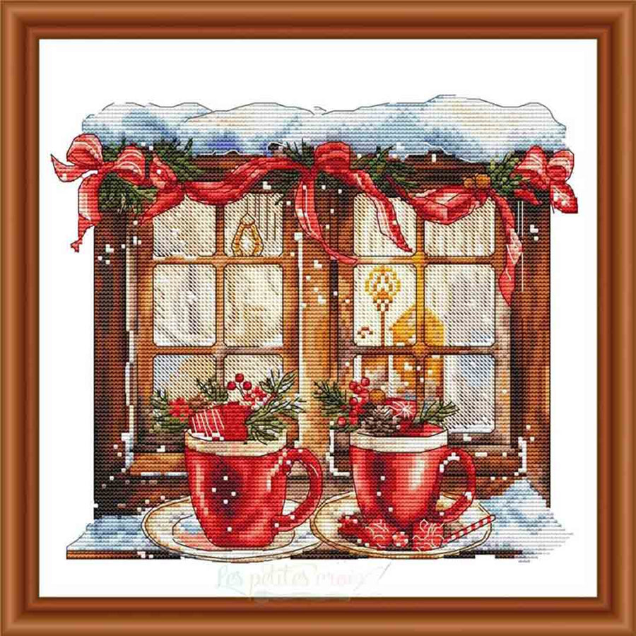 A stitched preview of the counted cross stitch pattern Hot Chocolate At Window by Les Petites Croix De Lucie