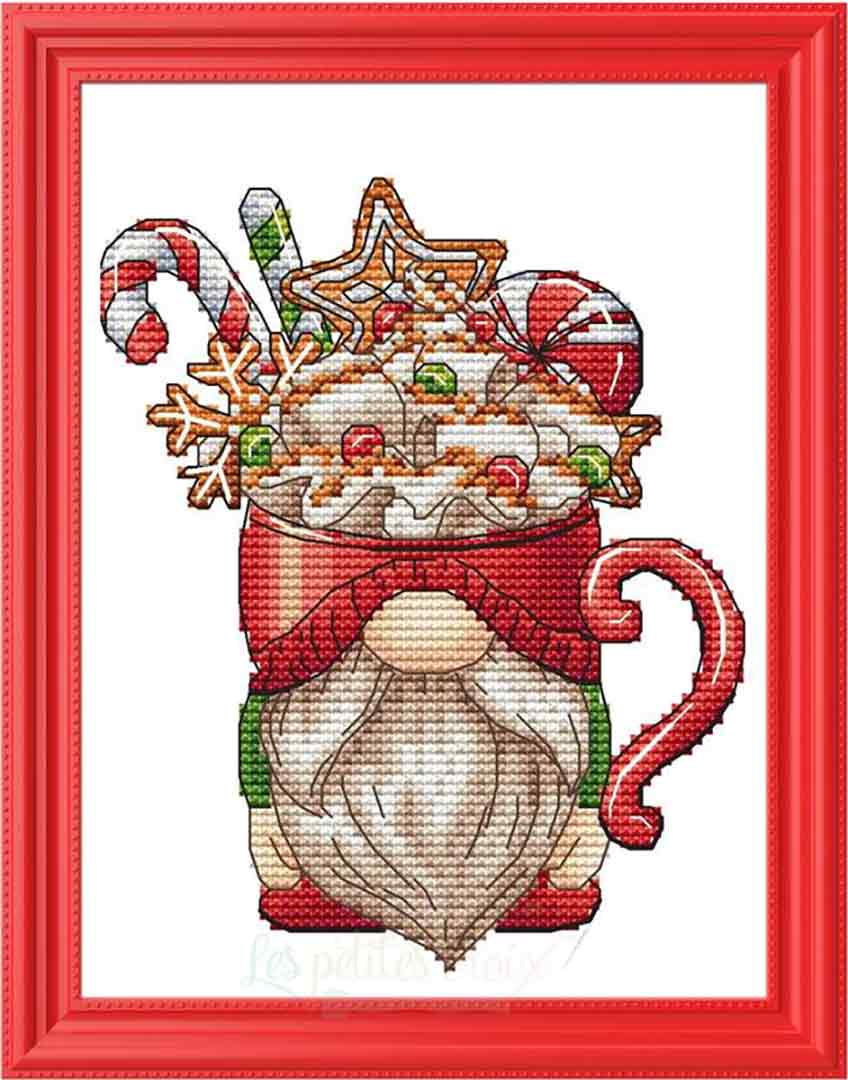 A stitched preview of the counted cross stitch pattern Hot Cocoa Gnome 2023 by Les Petites Croix De Lucie