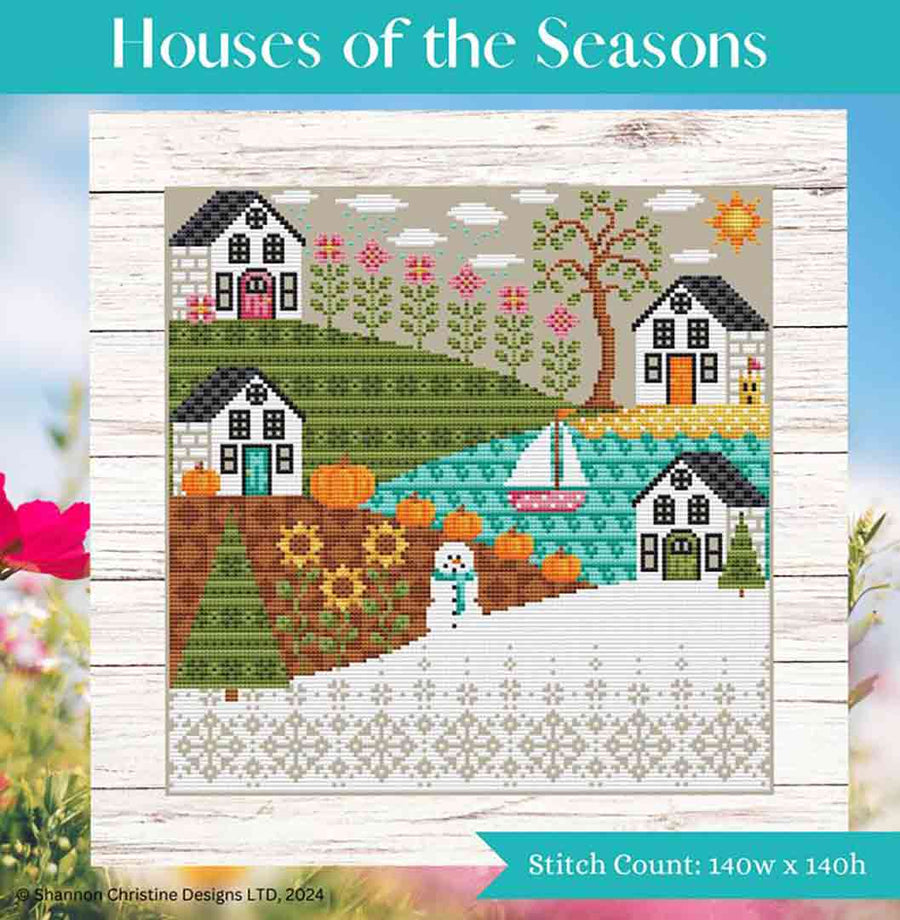 A stitched preview of the counted cross stitch pattern Houses Of The Seasons by Shannon Christine Designs
