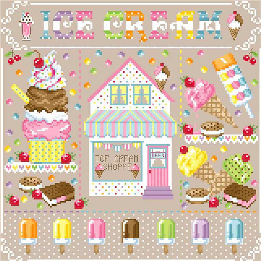 A stitched preview of the counted cross stitch pattern Ice Cream Shoppe by Sugar Stitches Design