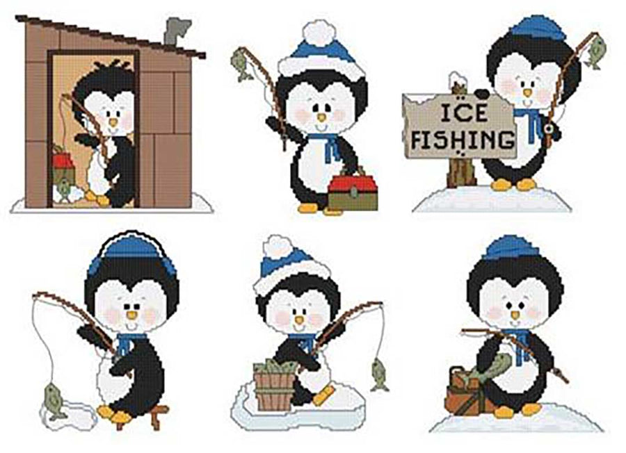 A stitched preview of the counted cross stitch pattern Ice Fishing Penguins by Marcia Manning