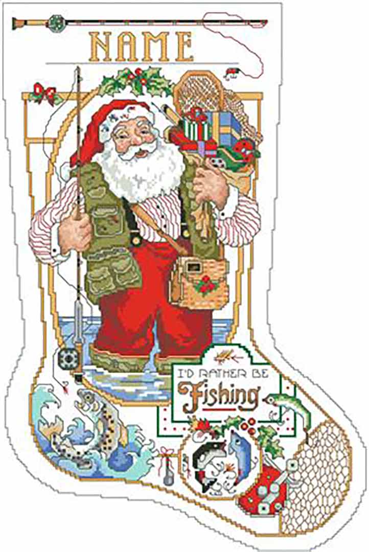 A stitched preview of the counted cross stitch pattern I'd Rather Be Fishing Stocking by Kooler Design Studio