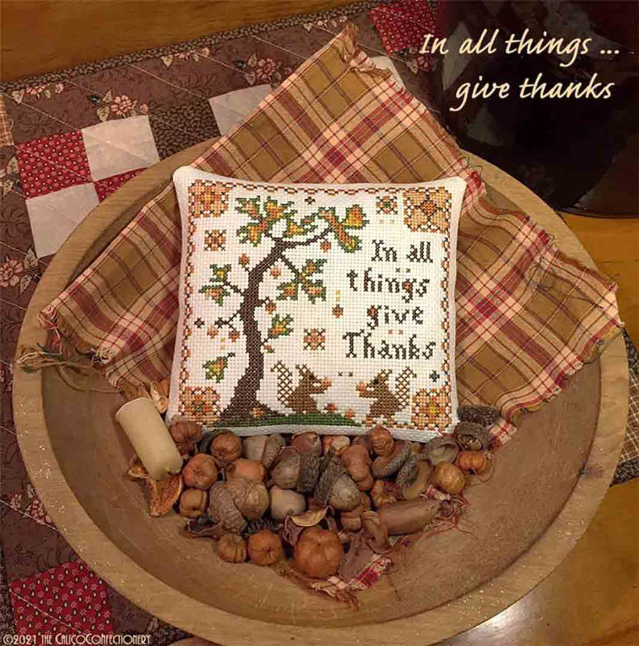 A stitched preview of the counted cross stitch pattern In All Things Give Thanks by The Calico Confectionery