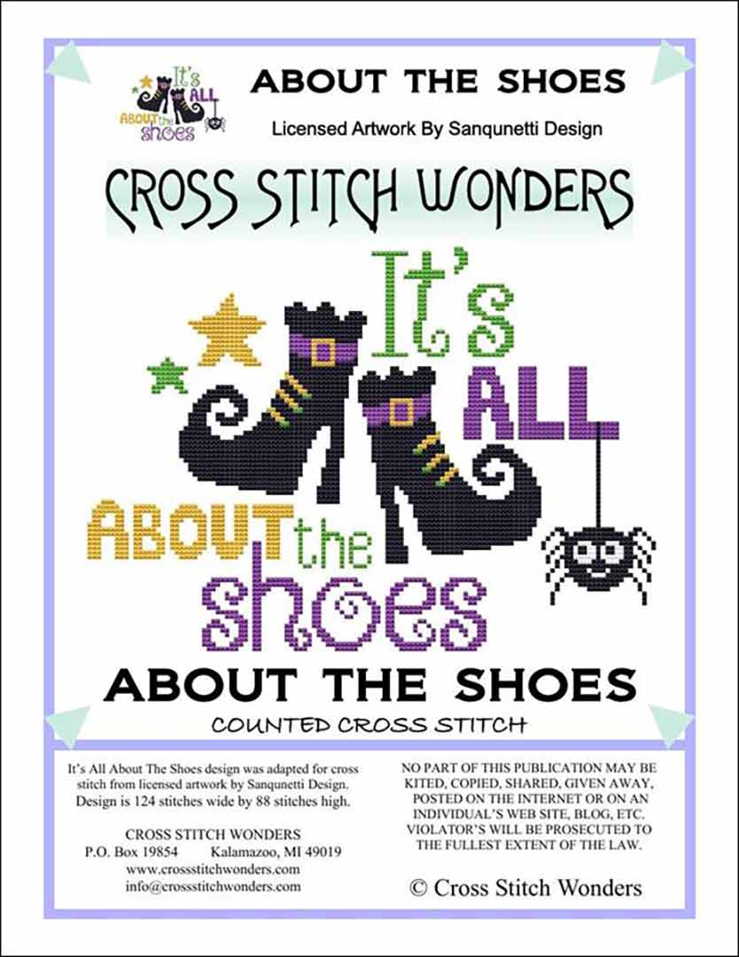 A stitched preview of the counted cross stitch pattern It's All About The Shoes by Marcia Manning