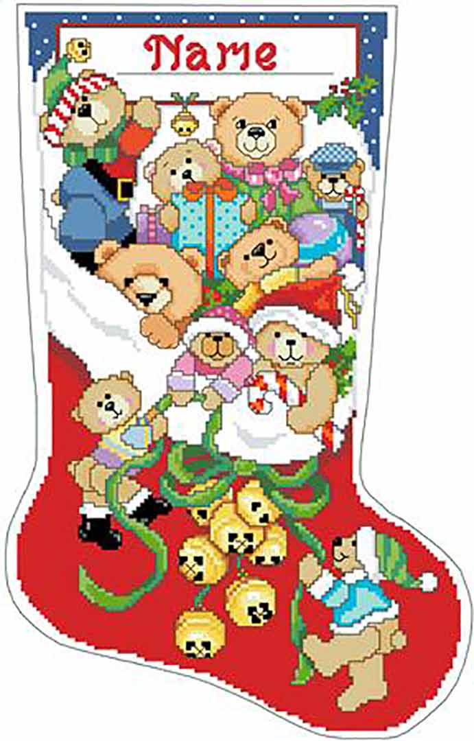 A stitched preview of the counted cross stitch pattern Jingle Bears Stocking by Kooler Design Studio