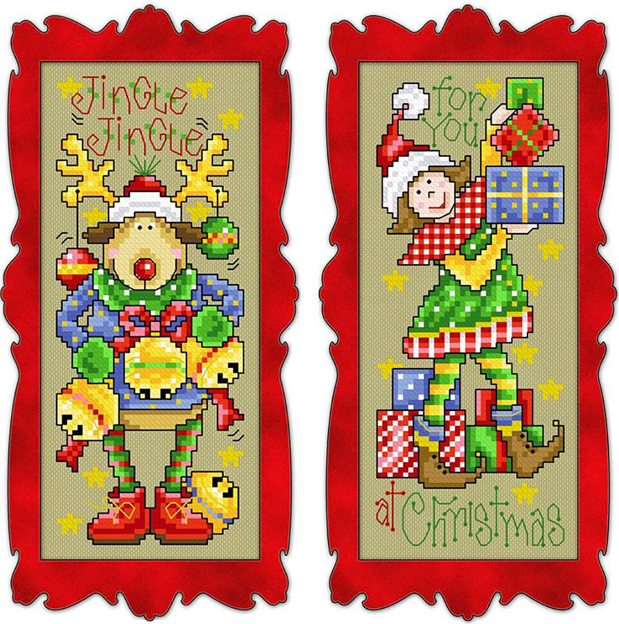 A stitched preview of the counted cross stitch pattern Jingle Jolly Greetings 1 by Joan A Elliott