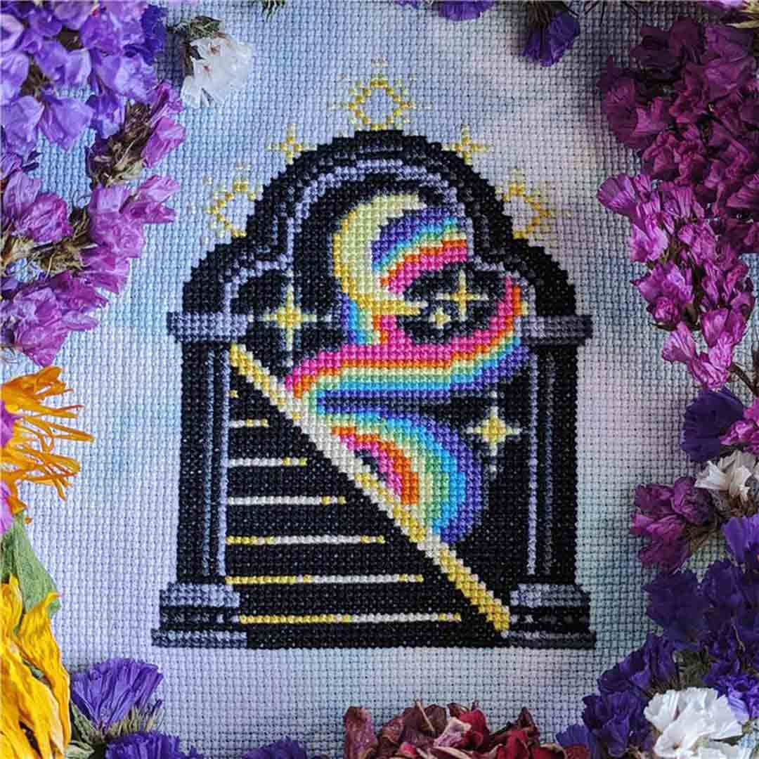 A stitched preview of the counted cross stitch pattern Journey To The Neon Side by StitchSprout