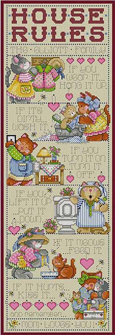 A stitched preview of the counted cross stitch pattern Kitten House Rules by Joan A Elliott