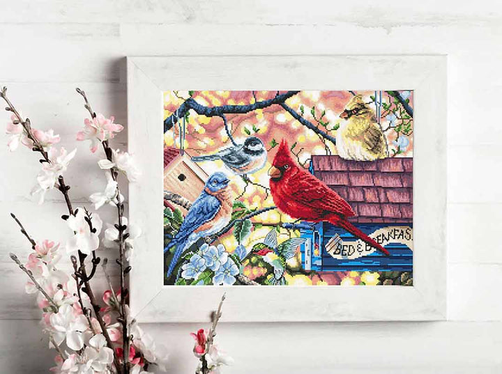 Stitched preview of Springtime Songbirds Counted Cross Stitch Kit