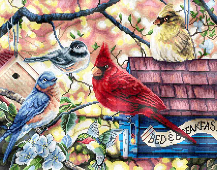 Stitched preview of Springtime Songbirds Counted Cross Stitch Kit