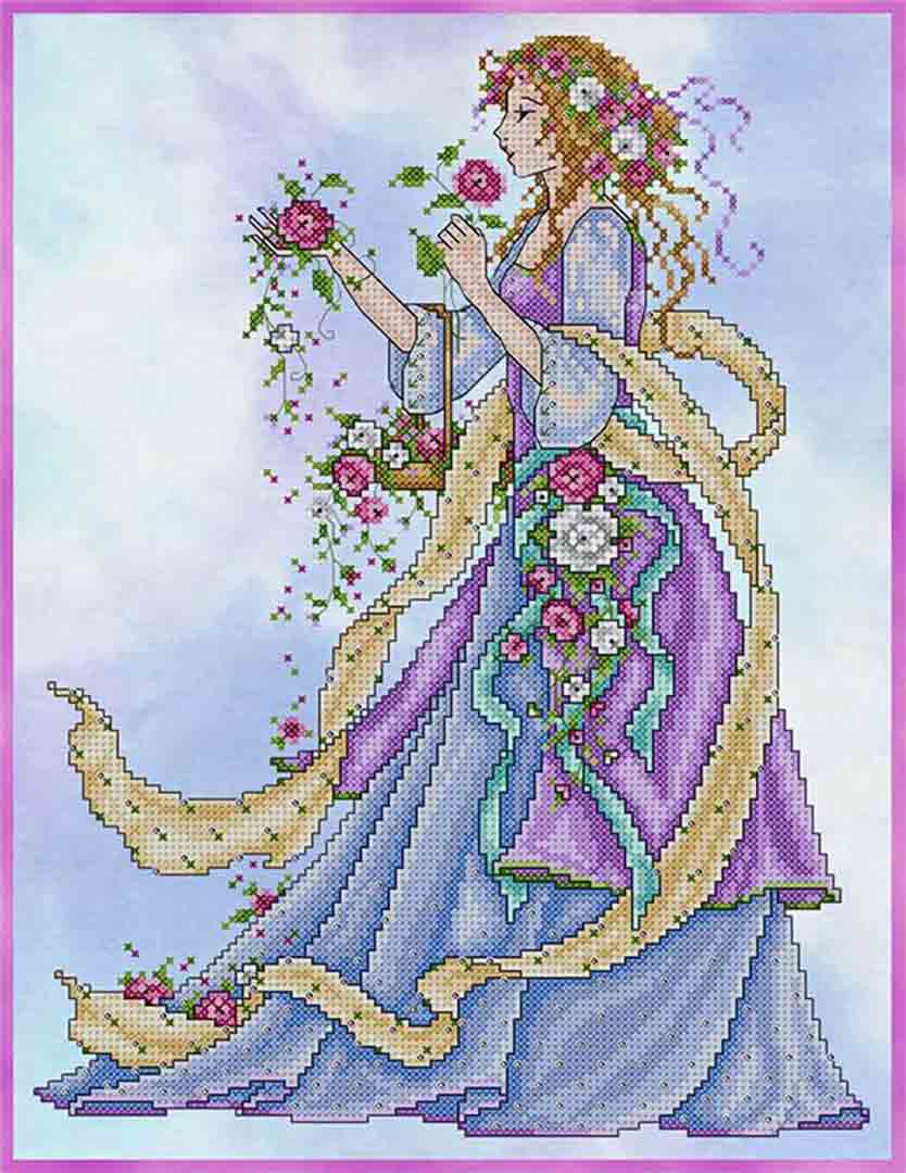 A stitched preview of the counted cross stitch pattern Lady Rose by Joan A Elliott