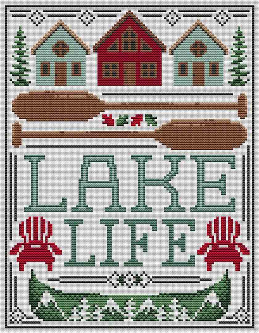 A stitched preview of the counted cross stitch pattern Lake Life by Erin Elizabeth Designs