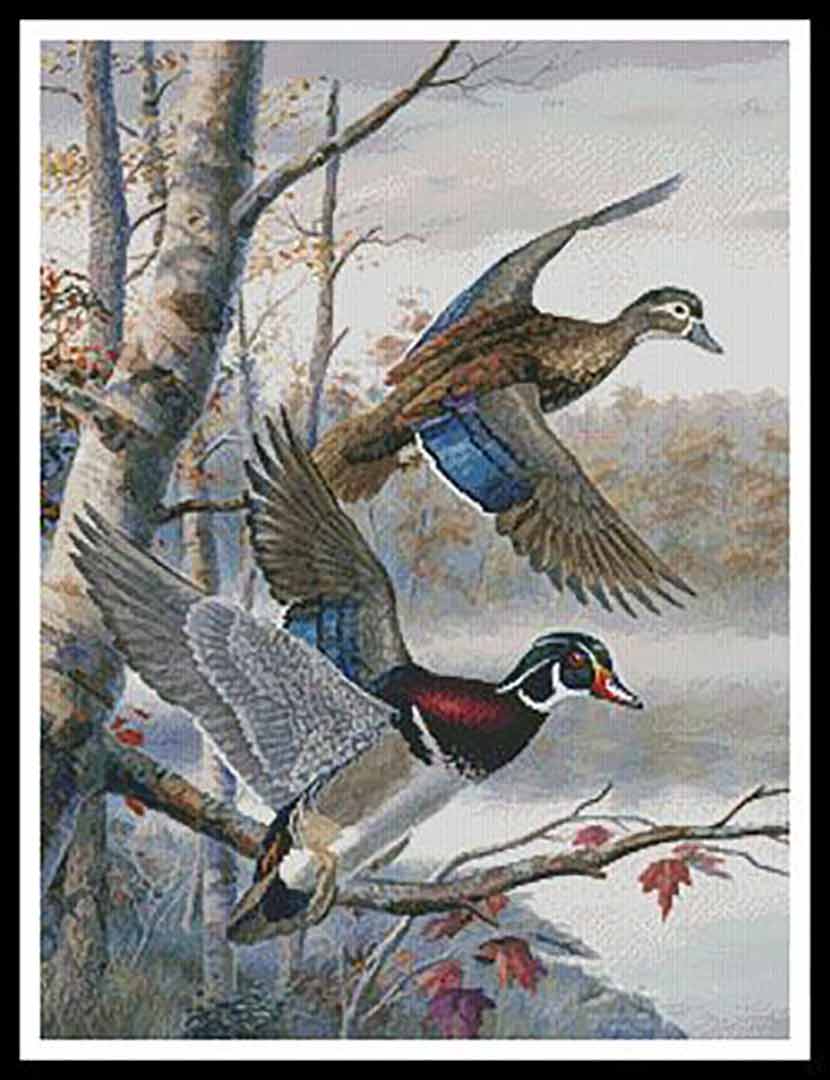 A stitched preview of the counted cross stitch pattern Lakeside Wood Ducks by Artecy Cross Stitch