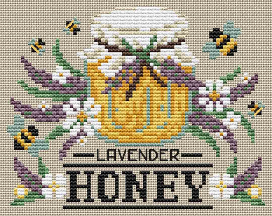 A stitched preview of the counted cross stitch pattern Lavender Honey by Erin Elizabeth Designs