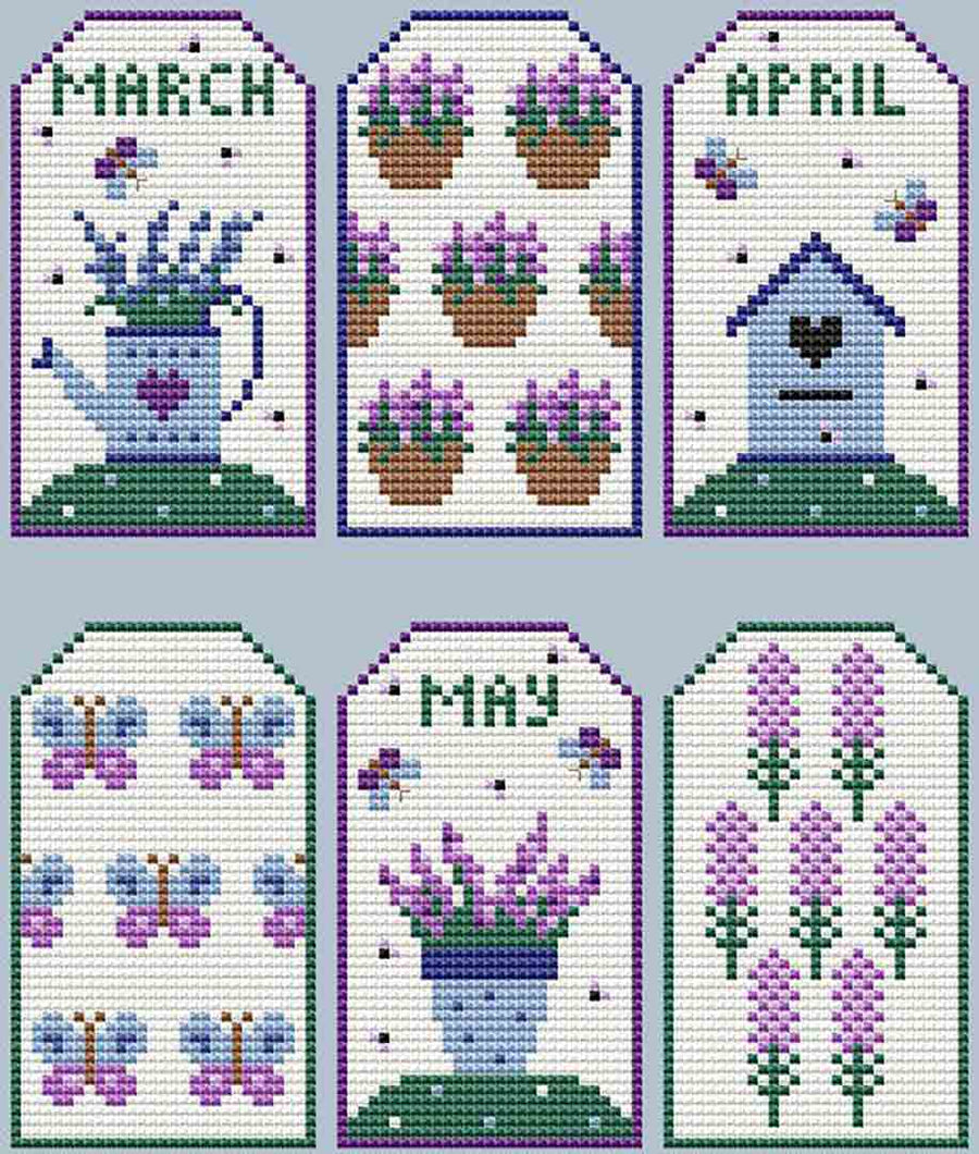 A stitched preview of the counted cross stitch pattern Lavender Tags by Kate Spiridonova
