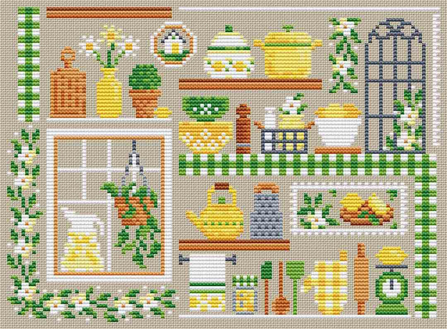 A stitched preview of the counted cross stitch pattern Lemon Kitchen by Erin Elizabeth Designs