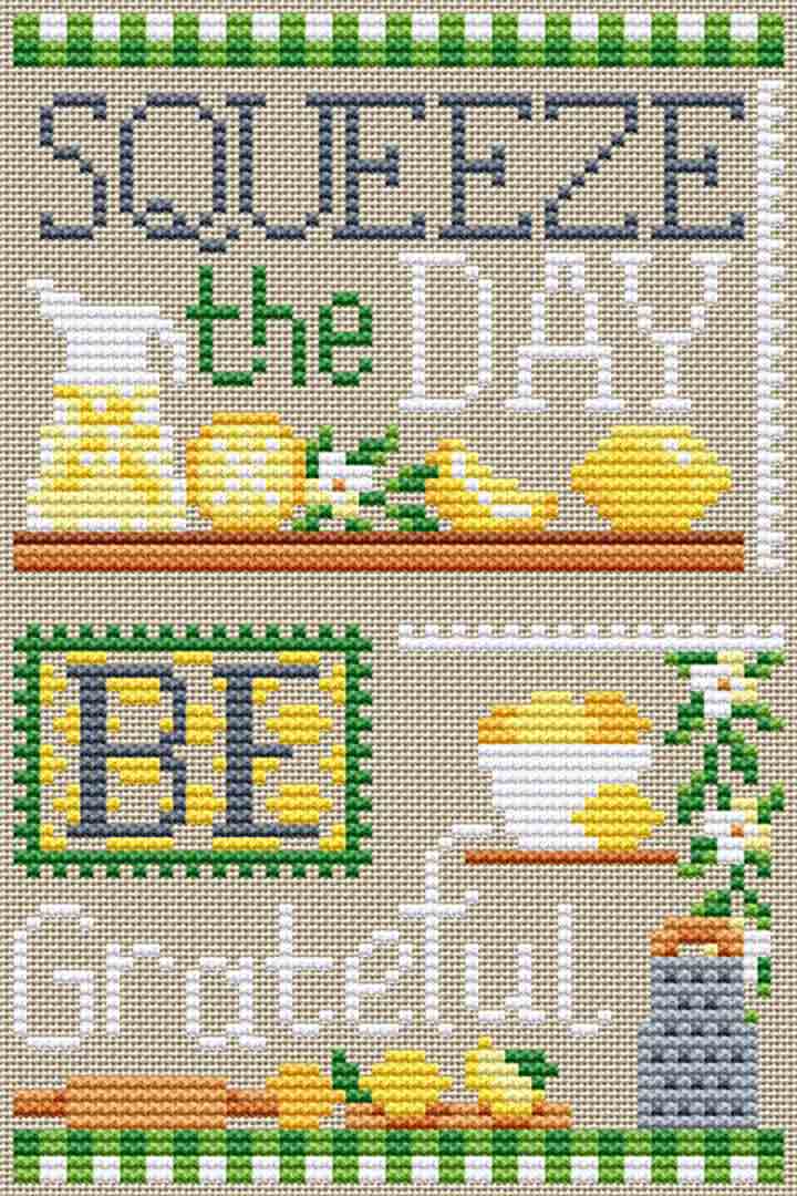 A stitched preview of the counted cross stitch pattern Lemon Kitchen Smalls by Erin Elizabeth Designs