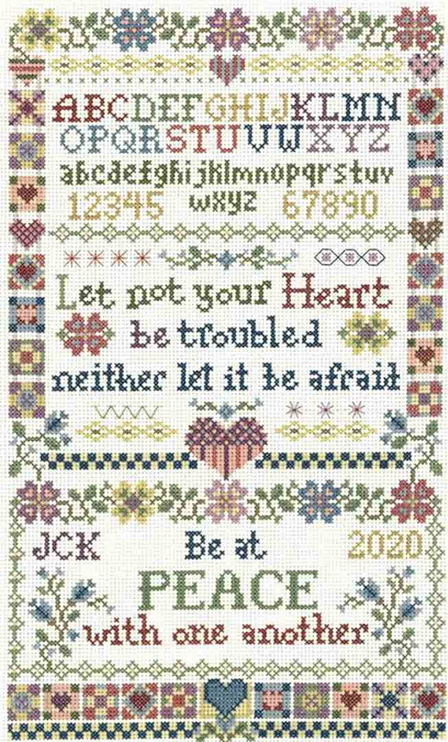 A stitched preview of the counted cross stitch pattern Let Not Your Heart Sampler by Sandra Cozzolino