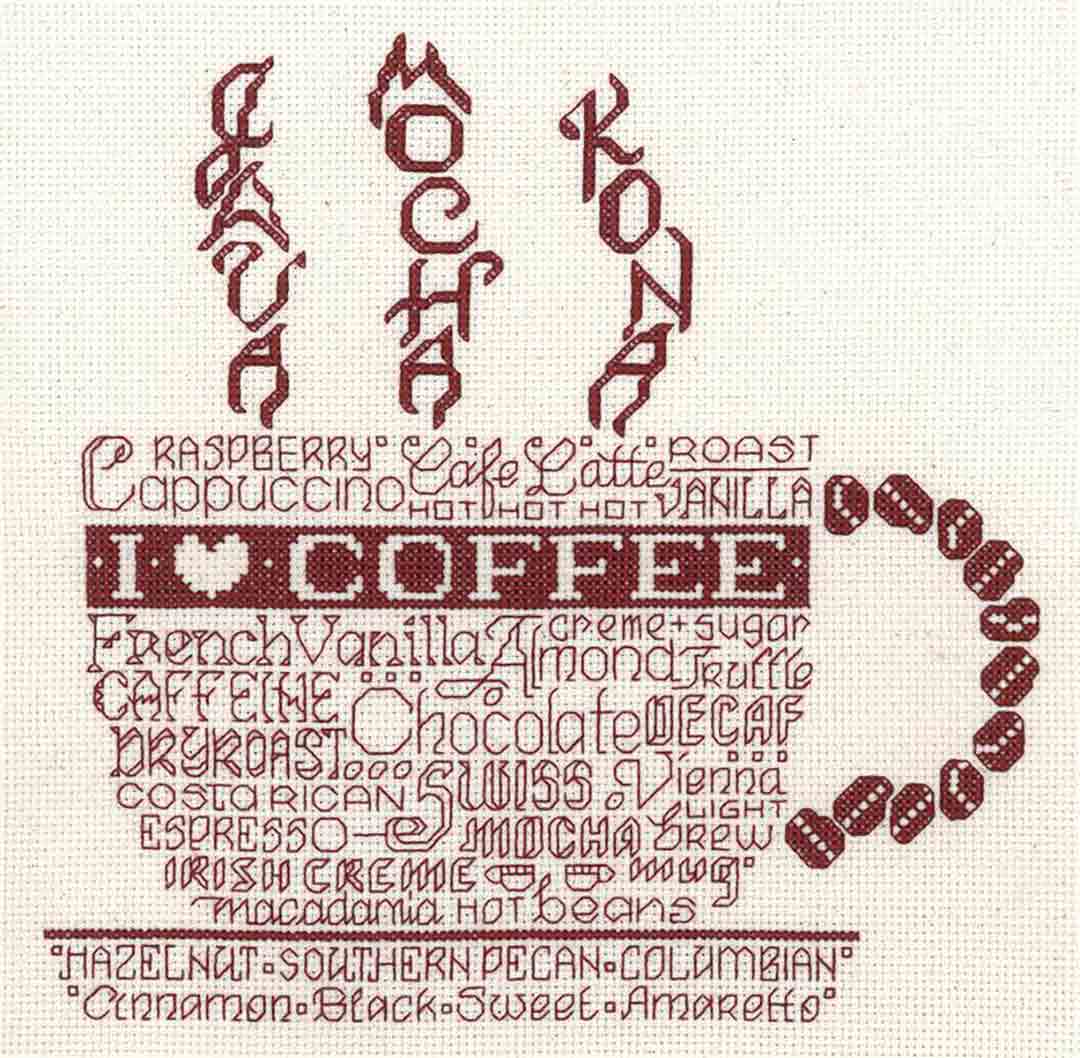 A stitched preview of the counted cross stitch pattern Let's Do Coffee by Ursula Michael