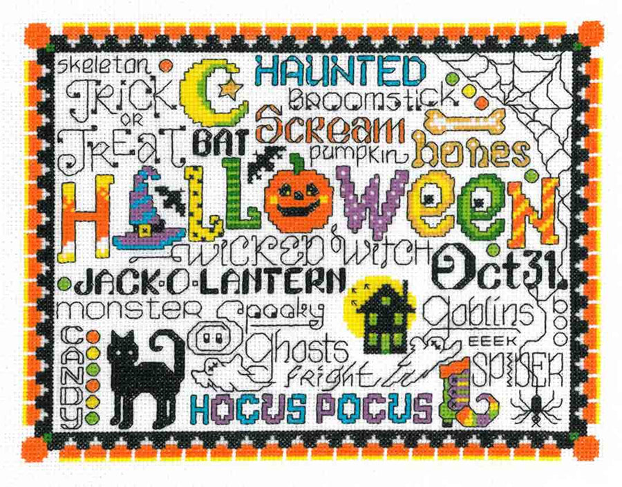 A stitched preview of the counted cross stitch pattern Let's Trick Or Treat by Ursula Michael
