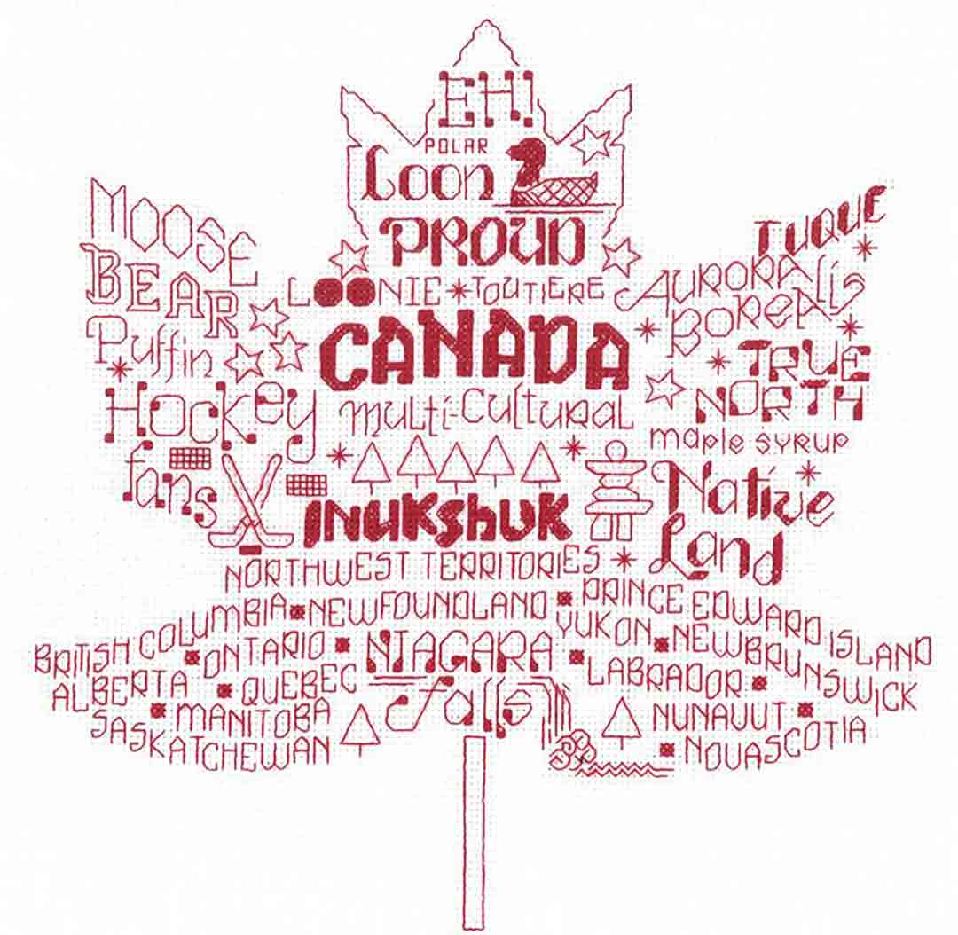 A stitched preview of the counted cross stitch pattern Let's Visit Canada by Ursula Michael