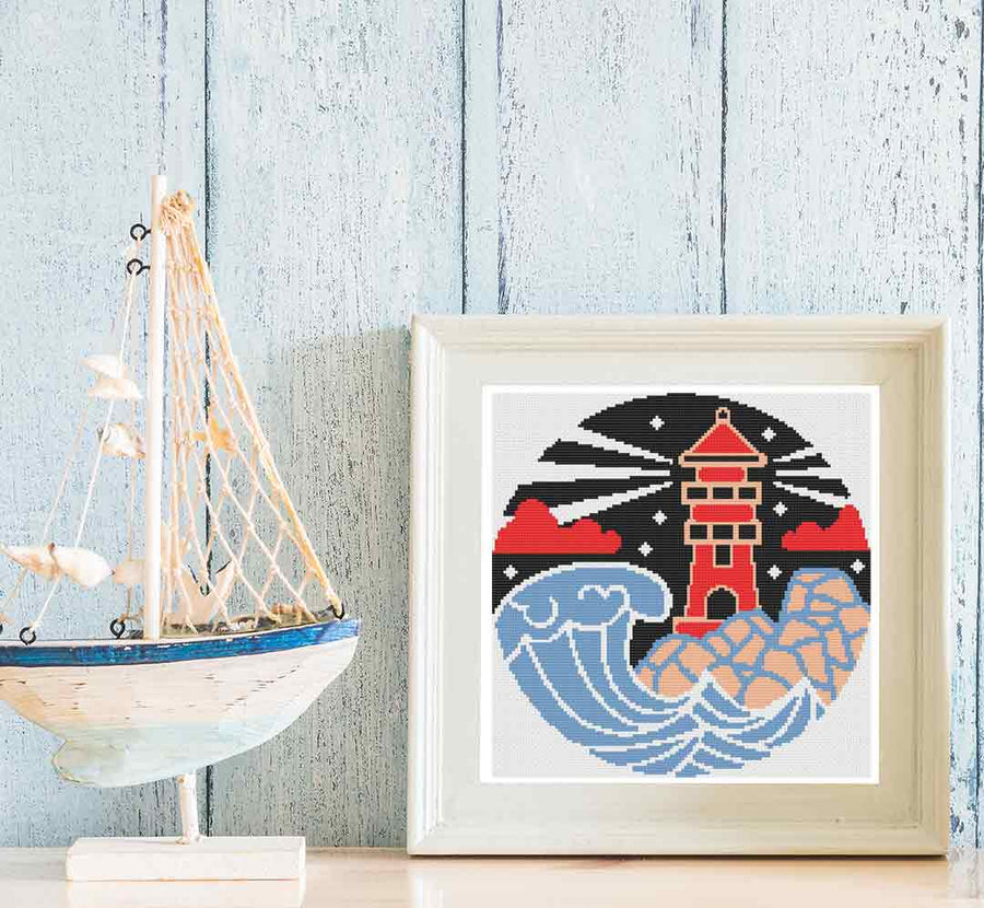 A stitched preview of the counted cross stitch pattern and kit "Lighthouse At Night" by Stitch Wit