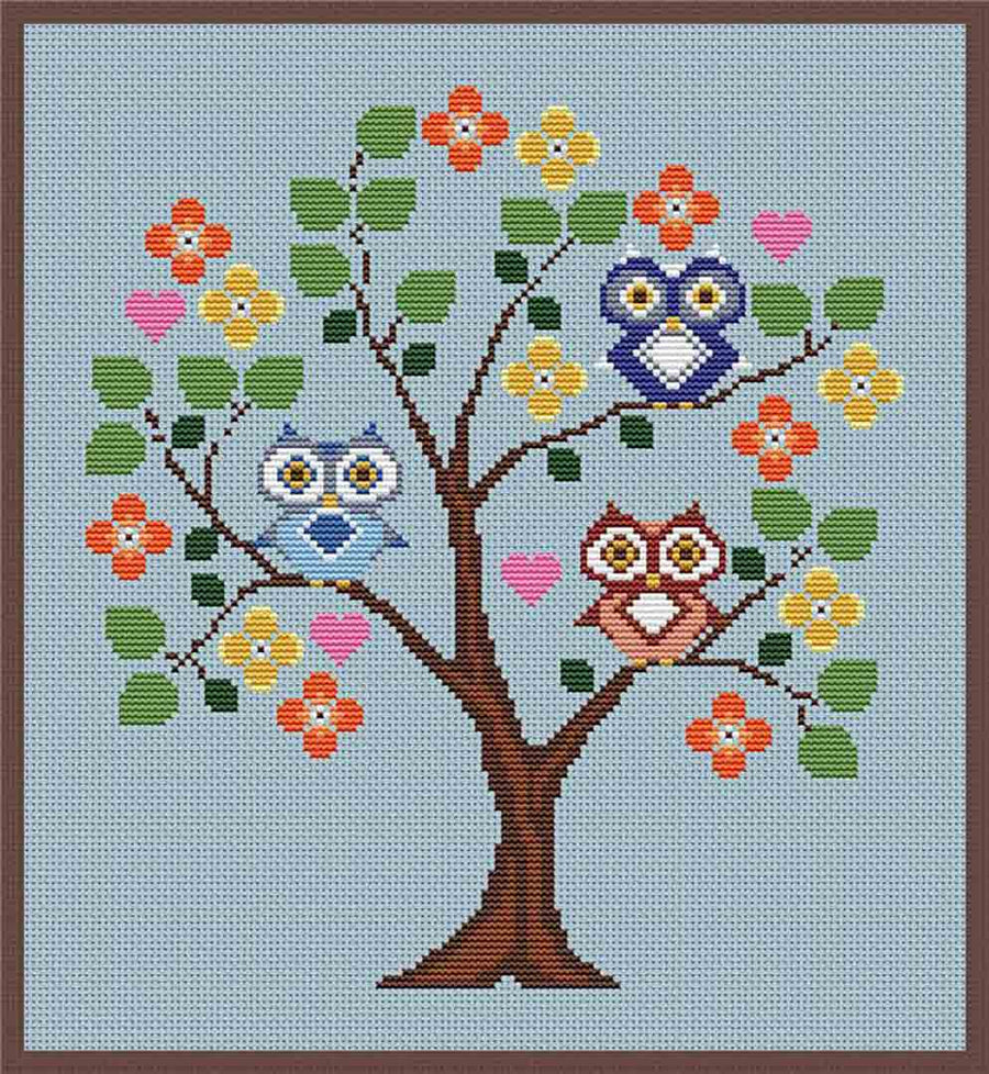 A stitched preview of the counted cross stitch pattern Lil Hoots by Carolyn Manning Designs
