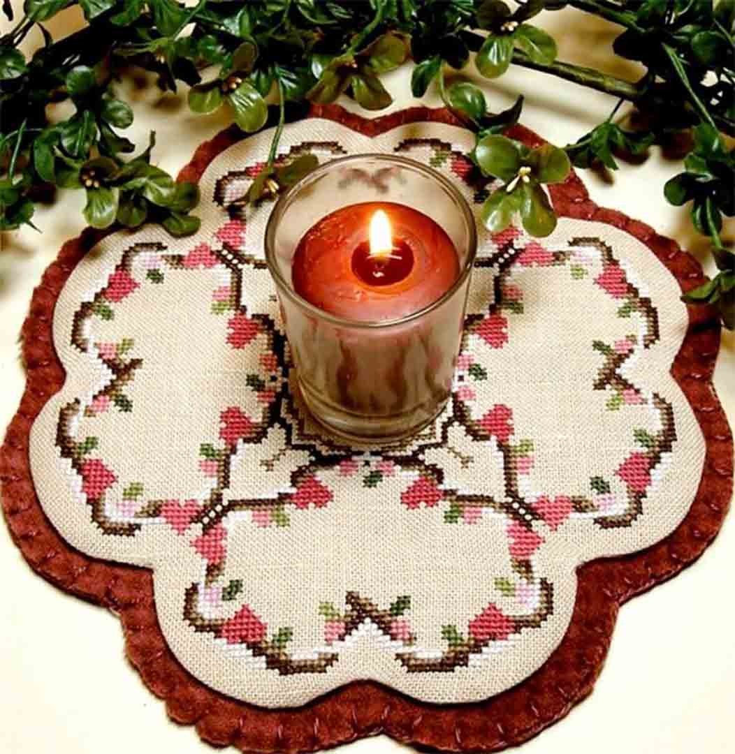 A stitched preview of the counted cross stitch pattern Little Candle Mats - Wild Hearts by Prairie Grove Peddler