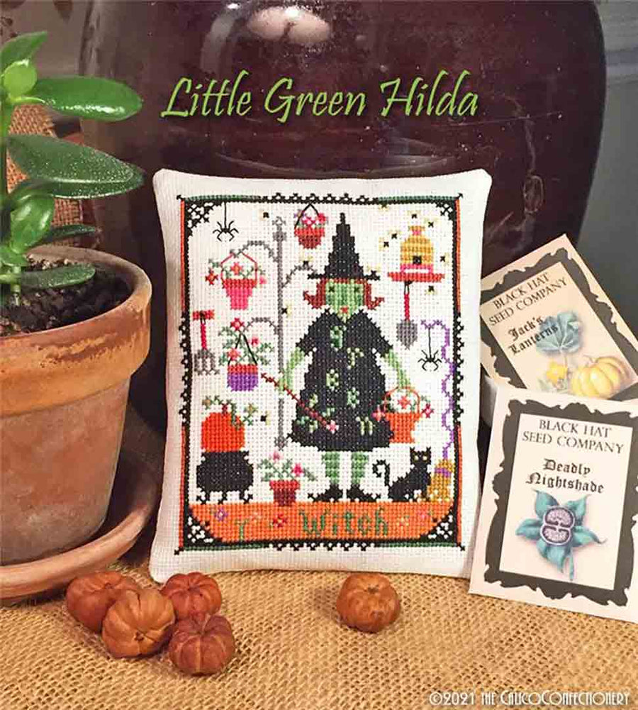 A stitched preview of the counted cross stitch pattern Little Green Hilda by The Calico Confectionery