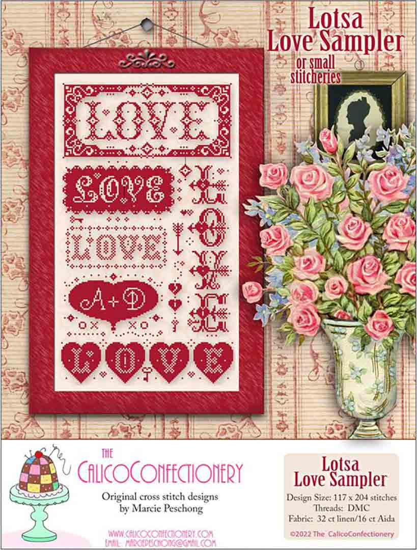 An image of the cover of the counted cross stitch pattern Lotsa Love Sampler Of Smalls by The Calico Confectionery