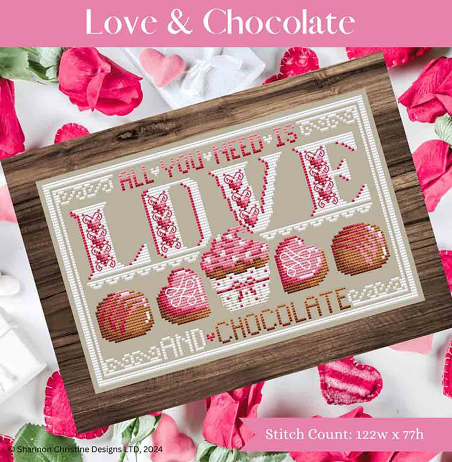 A stitched preview of the counted cross stitch pattern Love And Chocolate by Shannon Christine Designs
