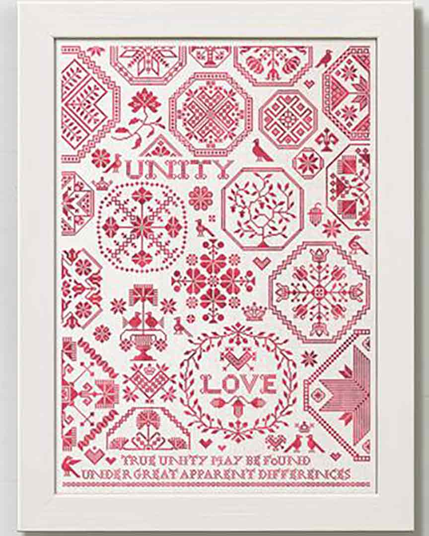 A stitched preview of the counted cross stitch pattern Love And Unity: A Quaker Sampler by Modern Folk Embroidery