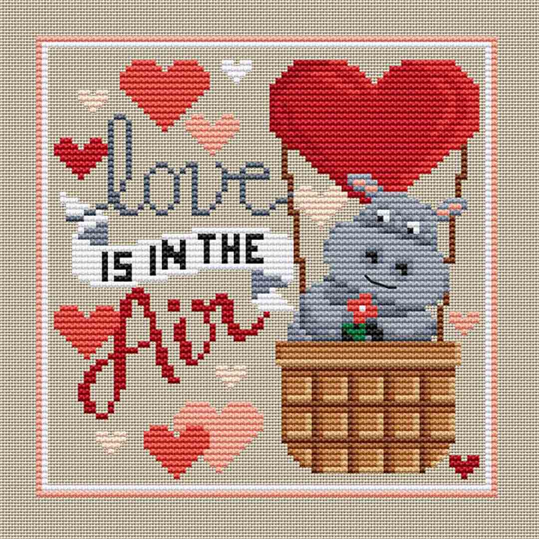 A stitched preview of the counted cross stitch pattern Love Is In The Air by Erin Elizabeth Designs
