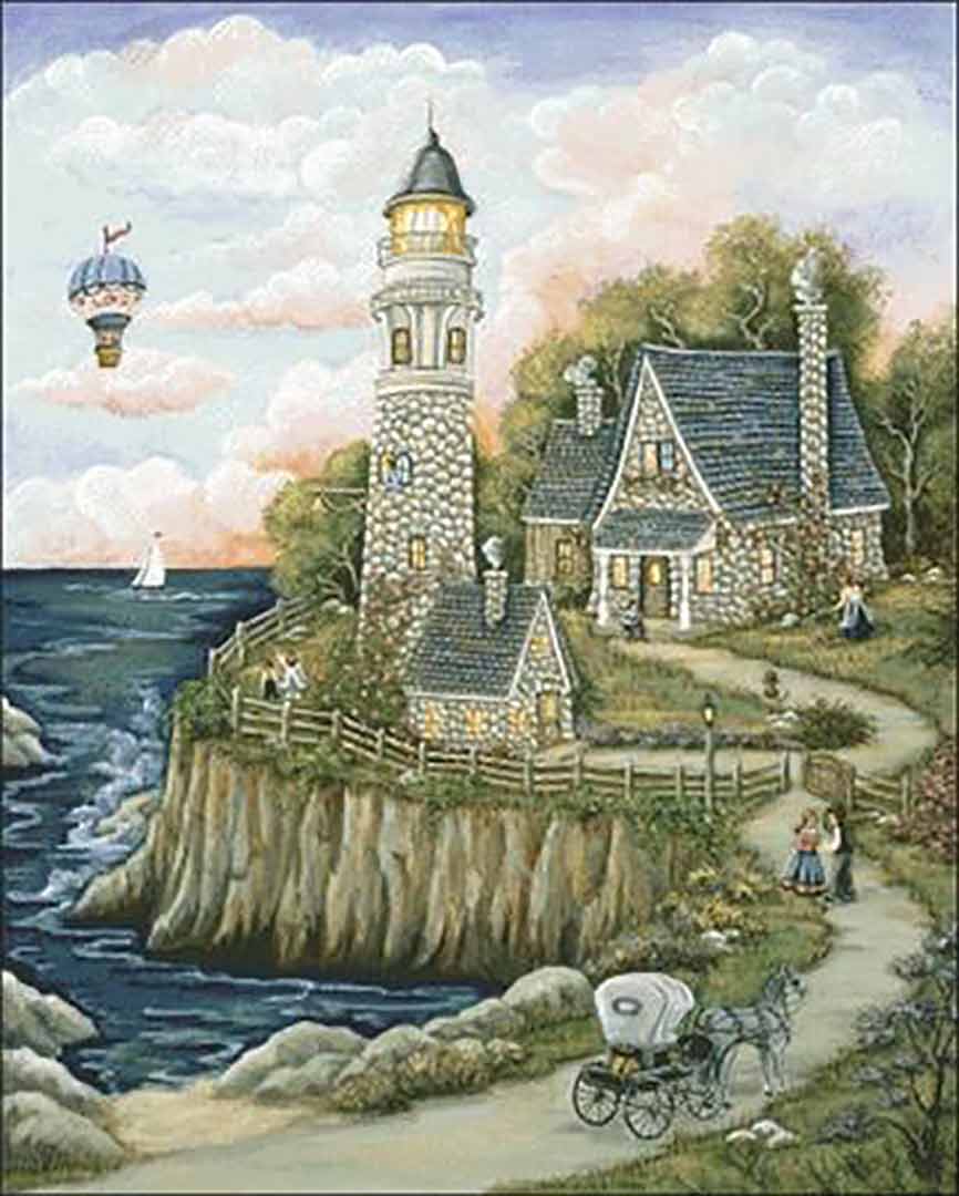 A stitched preview of the counted cross stitch pattern Love Lighthouse by Charting Creations