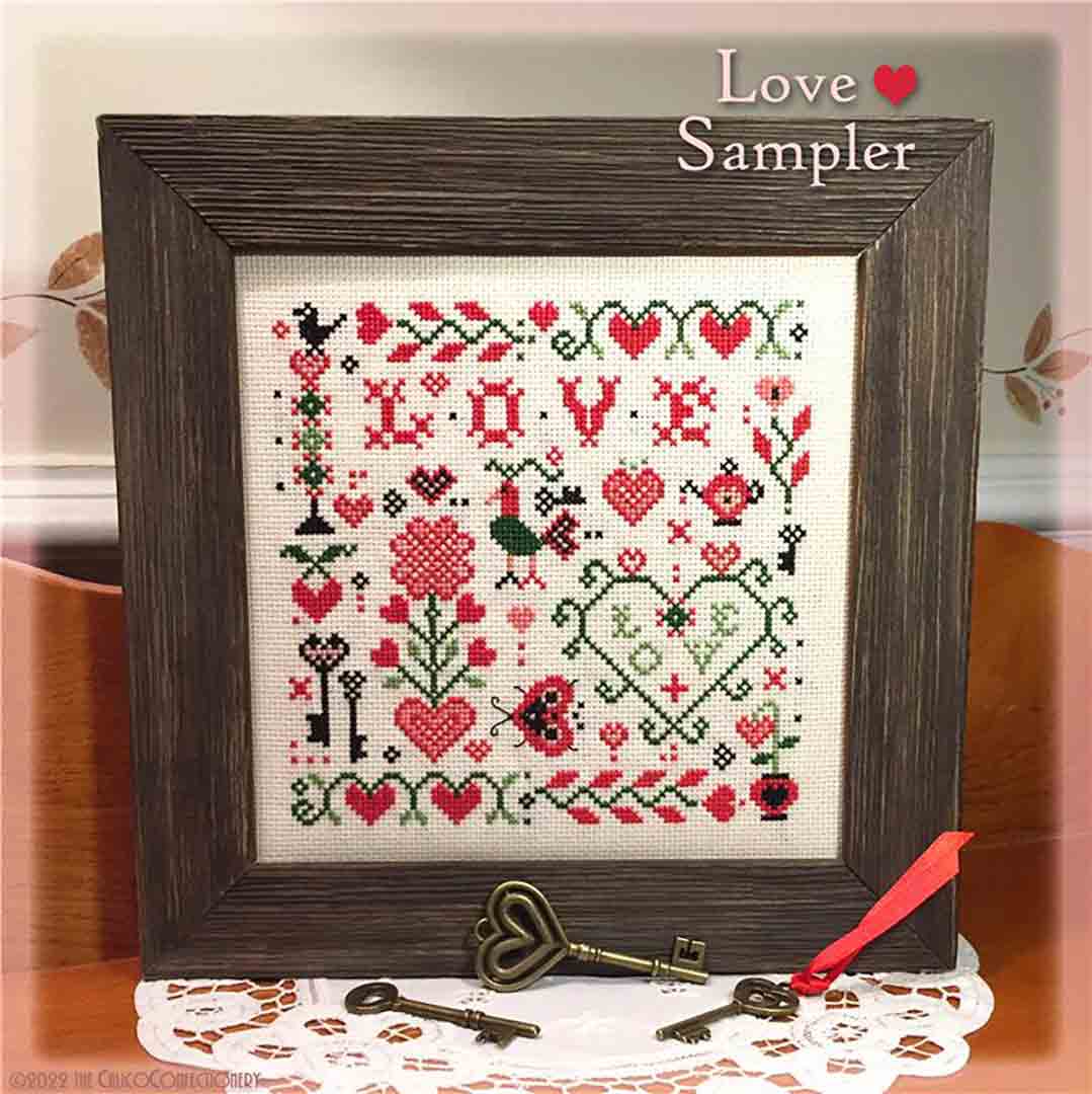 A stitched preview of the counted cross stitch pattern Love Sampler by The Calico Confectionery