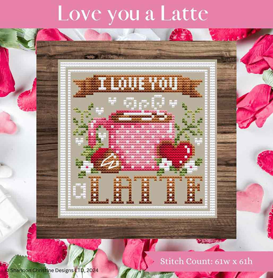 A stitched preview of the counted cross stitch pattern Love You A Latte by Shannon Christine Designs