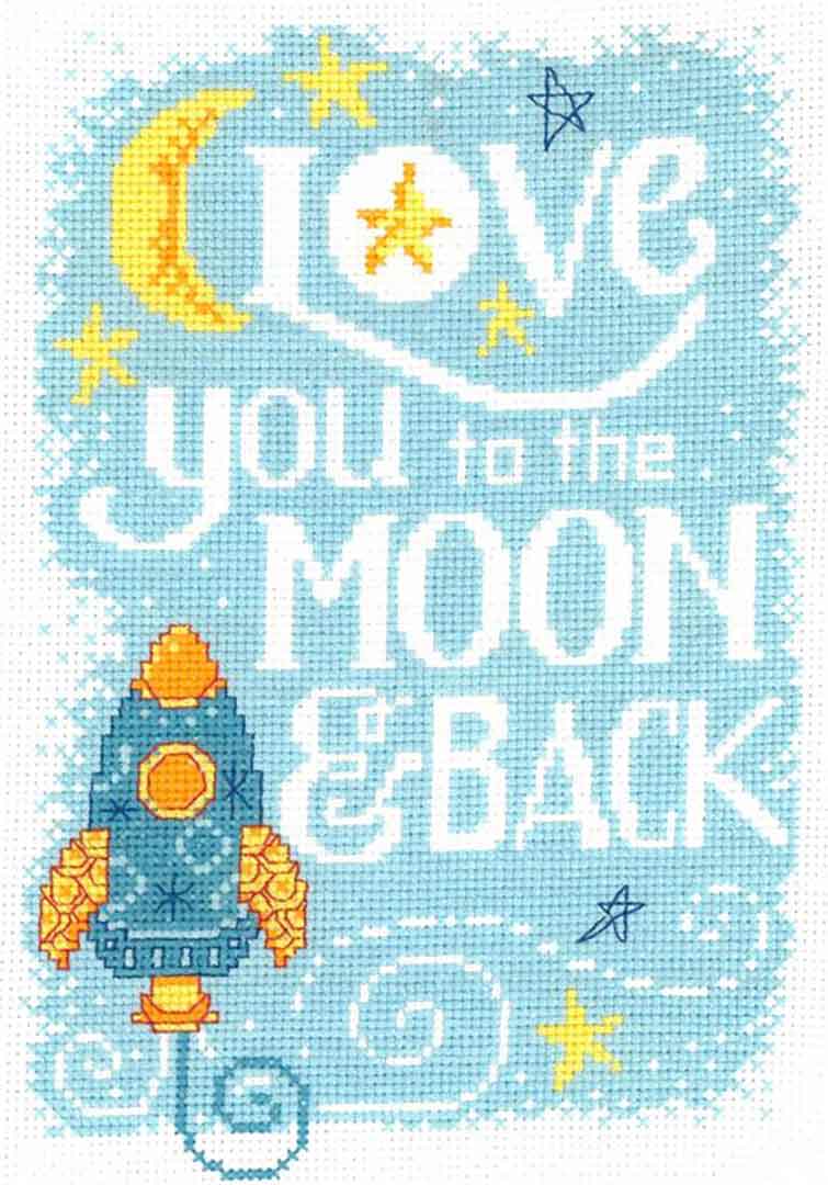 A stitched preview of the counted cross stitch pattern Love You To The Moon by Diane Arthurs