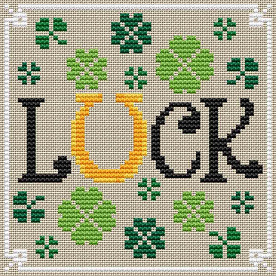 A stitched preview of the counted cross stitch pattern Luck by Erin Elizabeth Designs
