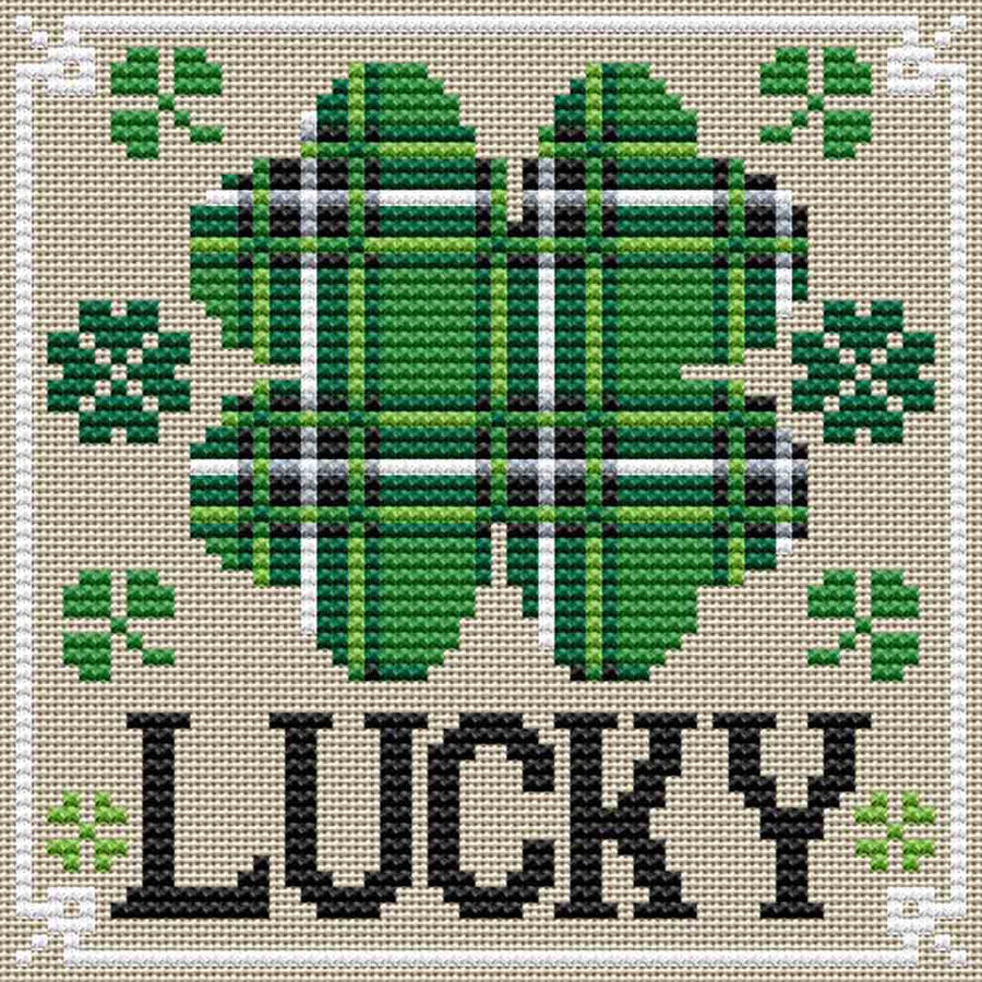 A stitched preview of the counted cross stitch pattern Lucky by Erin Elizabeth Designs