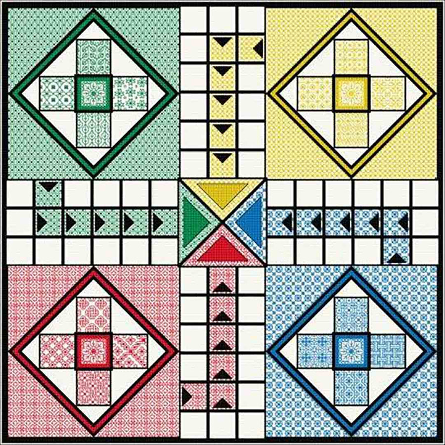 A stitched preview of the counted cross stitch pattern Ludo Board by DoodleCraft Design Ltd