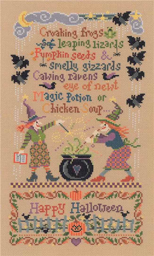 A stitched preview of the counted cross stitch pattern Magic Potion by Sandra Cozzolino