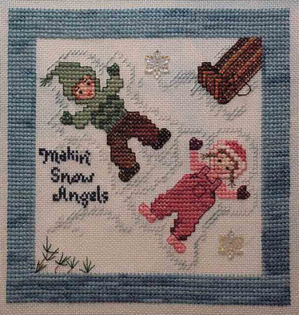 A stitched preview of the counted cross stitch pattern Makin Snow Angels by Janis Lockhart