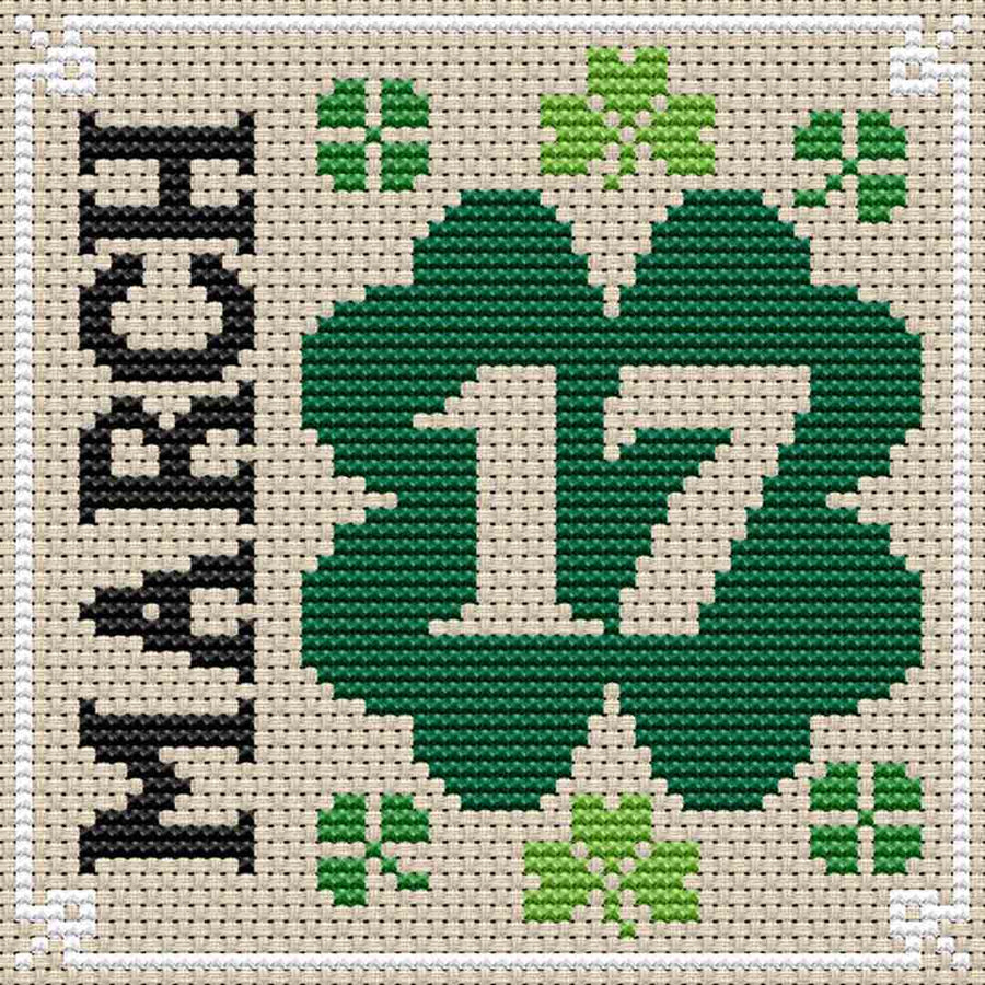 A stitched preview of the counted cross stitch pattern March 17 by Erin Elizabeth Designs
