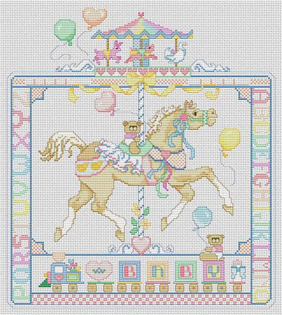 A stitched preview of the counted cross stitch pattern March-Go-Round Carousel Horse by Kooler Design Studio
