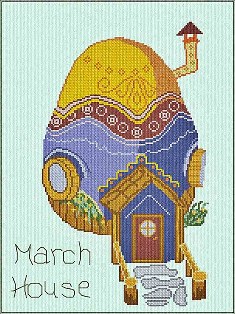 A stitched preview of the counted cross stitch pattern March House by Alessandra Adelaide